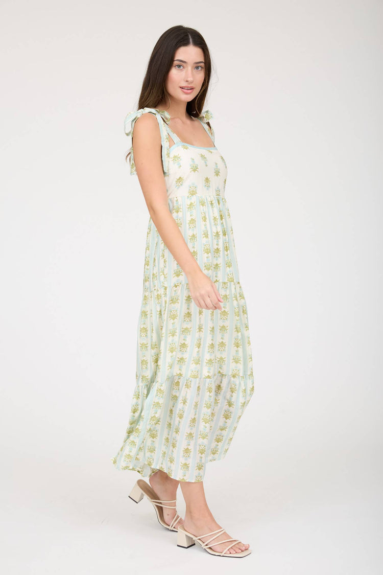 STRIPE FLORAL CONTRAST SLEEVELESS MIDI DRESS: SAGE MULTI