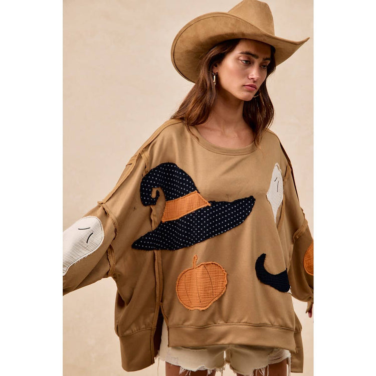 HALLOWEEN THEME PATCHWORK FRENCH TERRY SWEATSHIRT