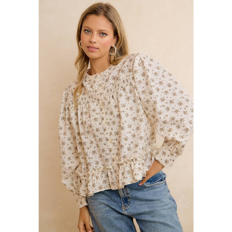 VINTAGE FLORAL SMOCKED BUTTON DOWN PEPLUM BLOUSE: OATMEAL