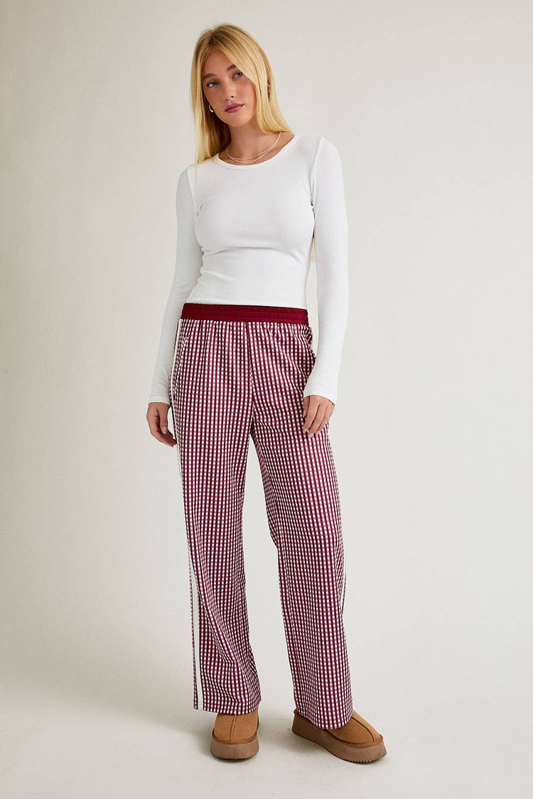 MID RISE SIDE STRIPE DETAIL TRACK PANTS: BURGUNDY-WHITE PLAID