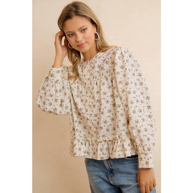 VINTAGE FLORAL SMOCKED BUTTON DOWN PEPLUM BLOUSE: OATMEAL