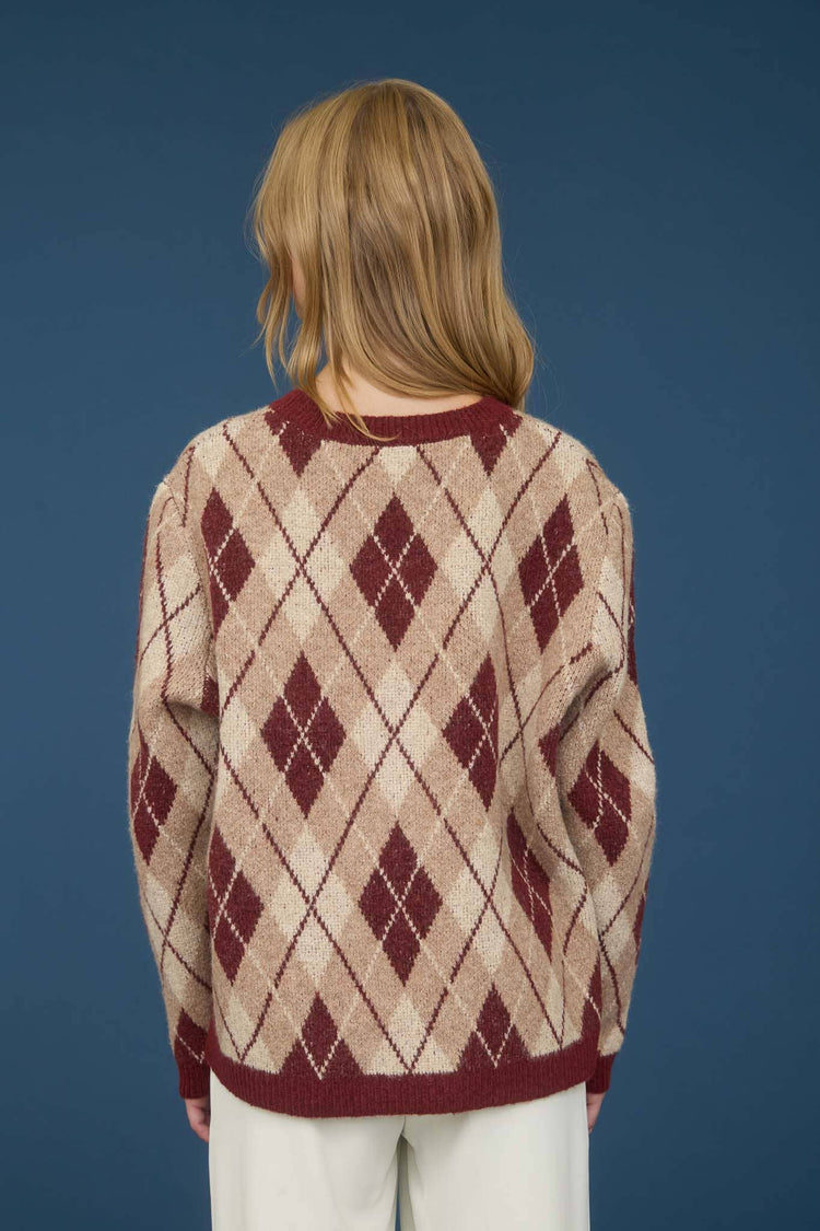 ARGYLE PATTERN CREW NECK LONG SLEEVE KNIT SWEATER