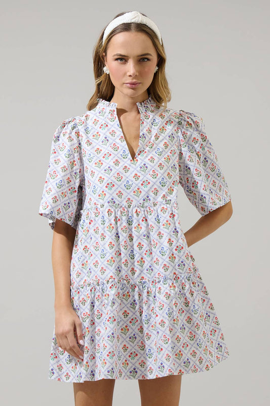 Lara Floral Dixie Split Neck Shift Dress: WHT-MULT