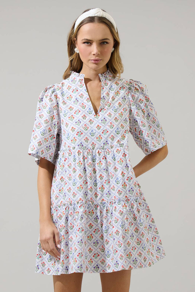 Lara Floral Dixie Split Neck Shift Dress: WHT-MULT