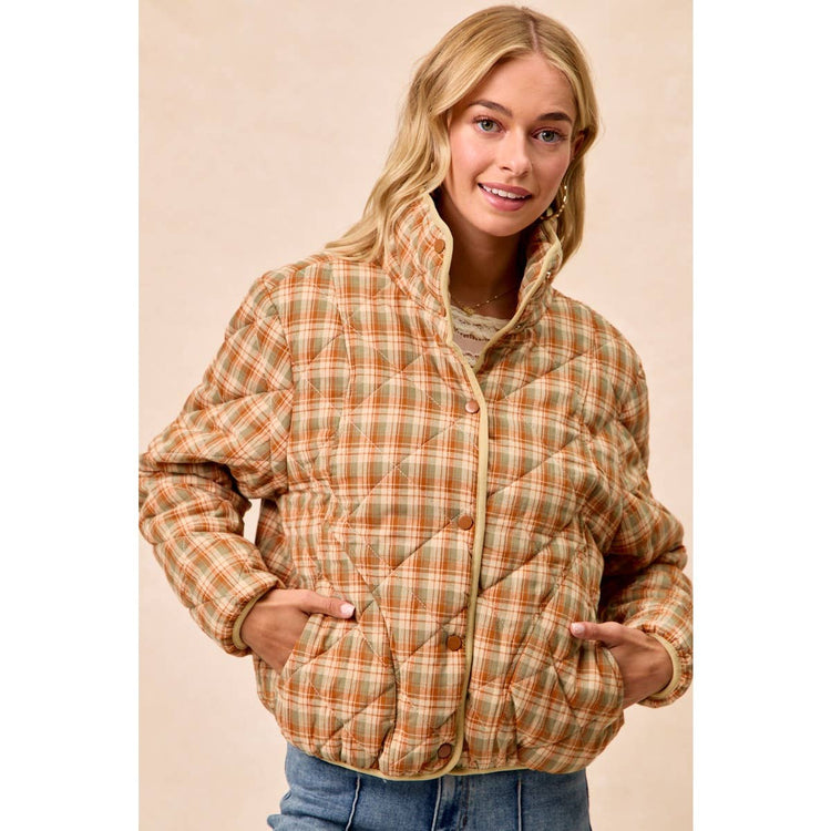 VINTAGE PLAID PIPING DETAIL QUILTED JACKET