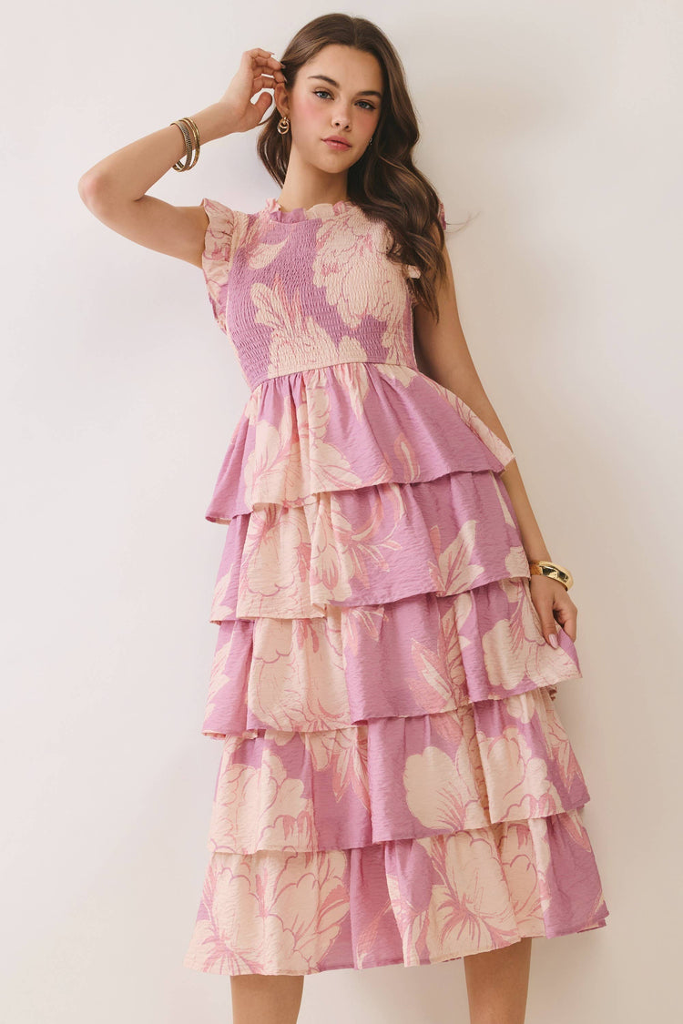 Floral Smocked Bodice Tiered Ruffle Midi Dress