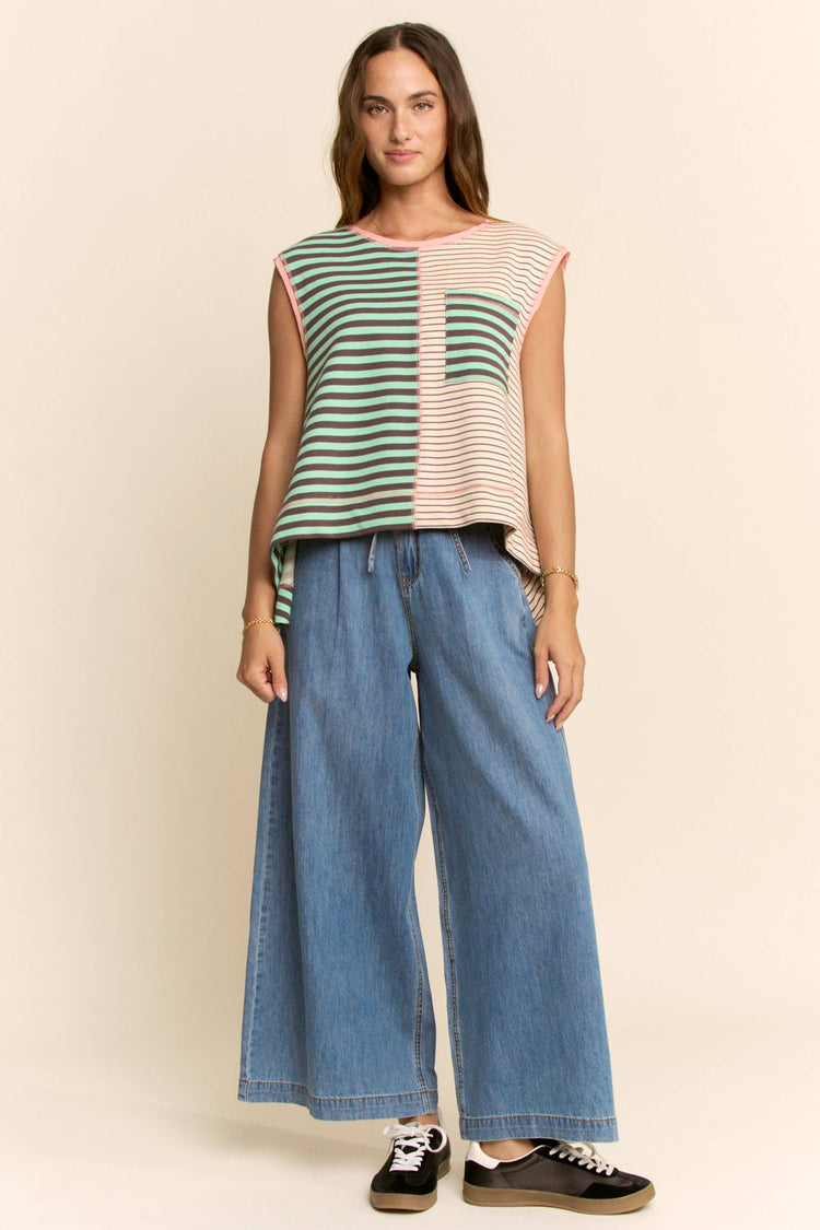 HIGH WAISTED WIDE LEG DENIM PANTS SELF TIE BELT: BLUE DENIM