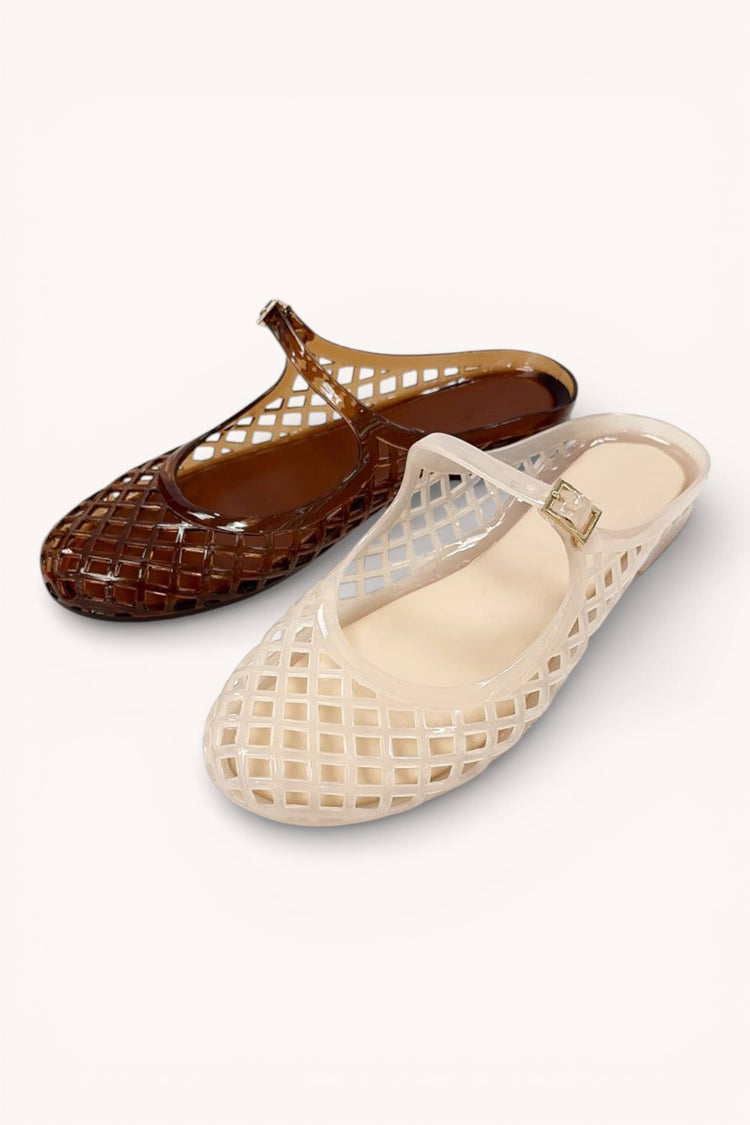 POSIE TRENDY LATTICE JELLY MARY JANE STRAP SLIDE FLAT SLIP