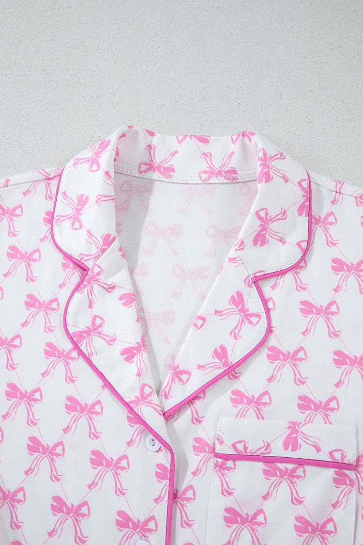 Bowknot Printed Short Sleeve and Ruffled Shorts Valentines Pajama Set