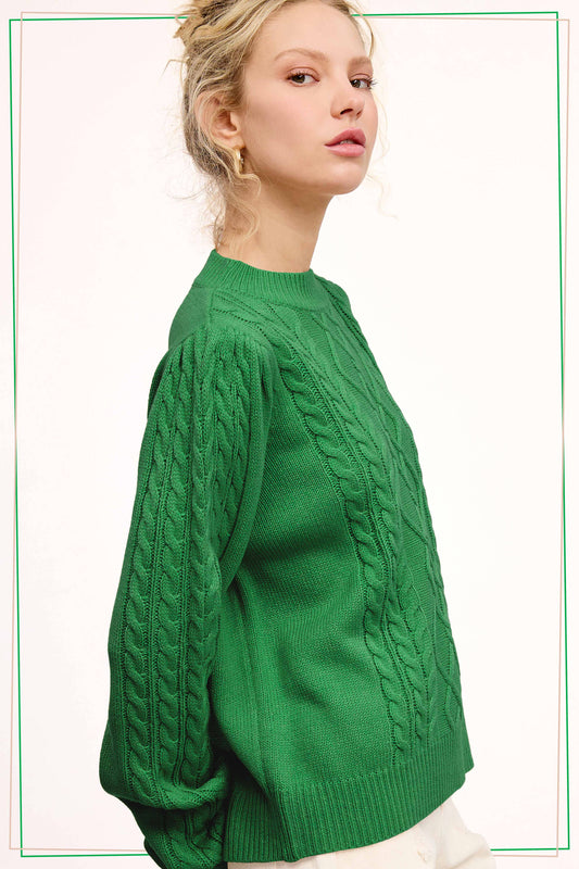 Pine Super Soft Ribbed Crew Neck Cable Knit Sweater