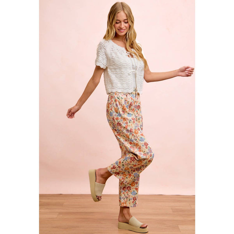 WASHED FLORAL PRINTED TWILL BARREL PANTS