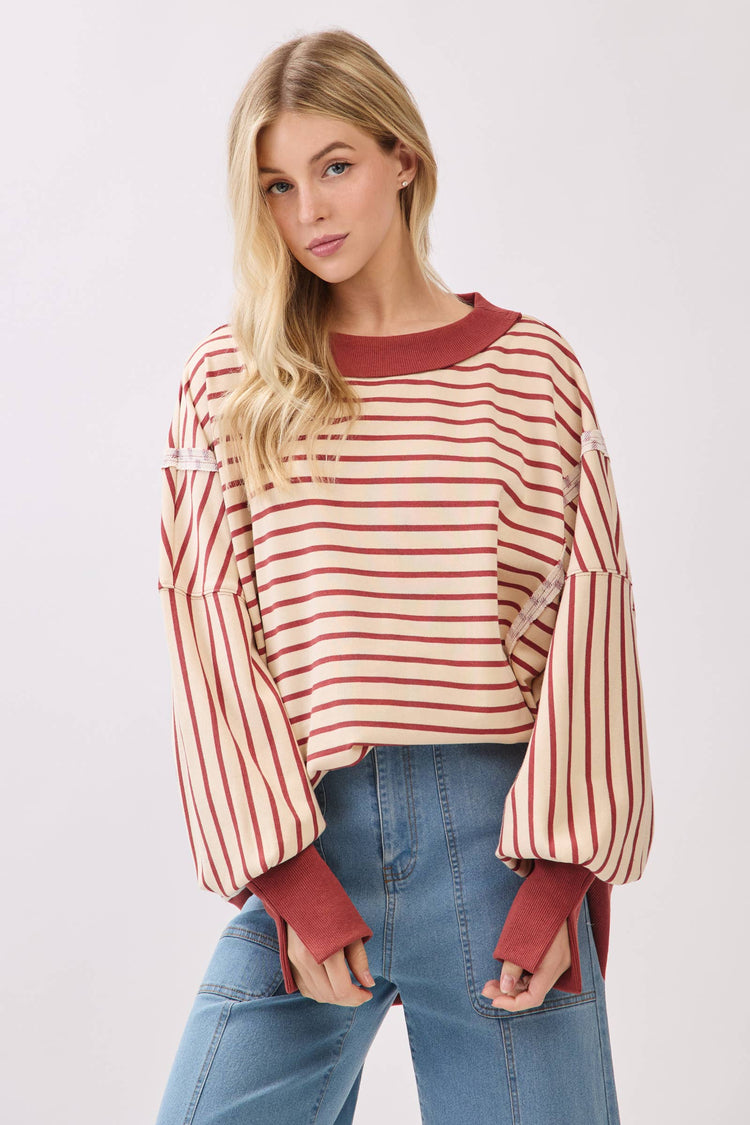 Striped Balloon Sleeve Terry Sweatshirt