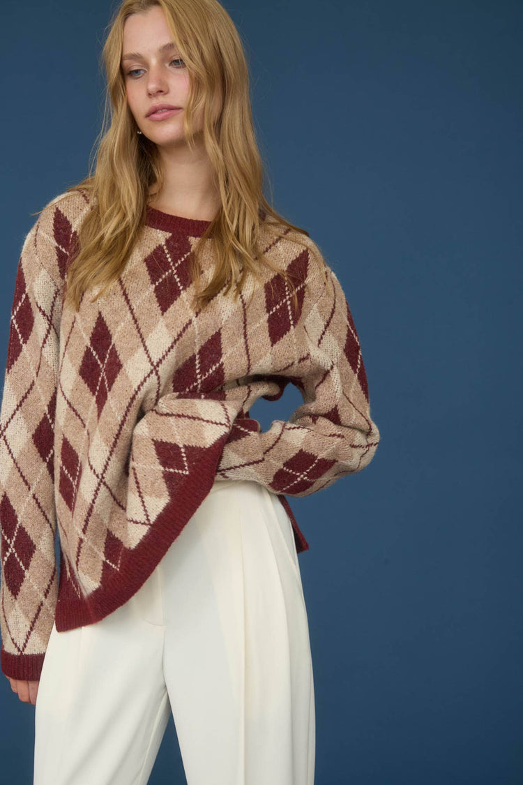 ARGYLE PATTERN CREW NECK LONG SLEEVE KNIT SWEATER