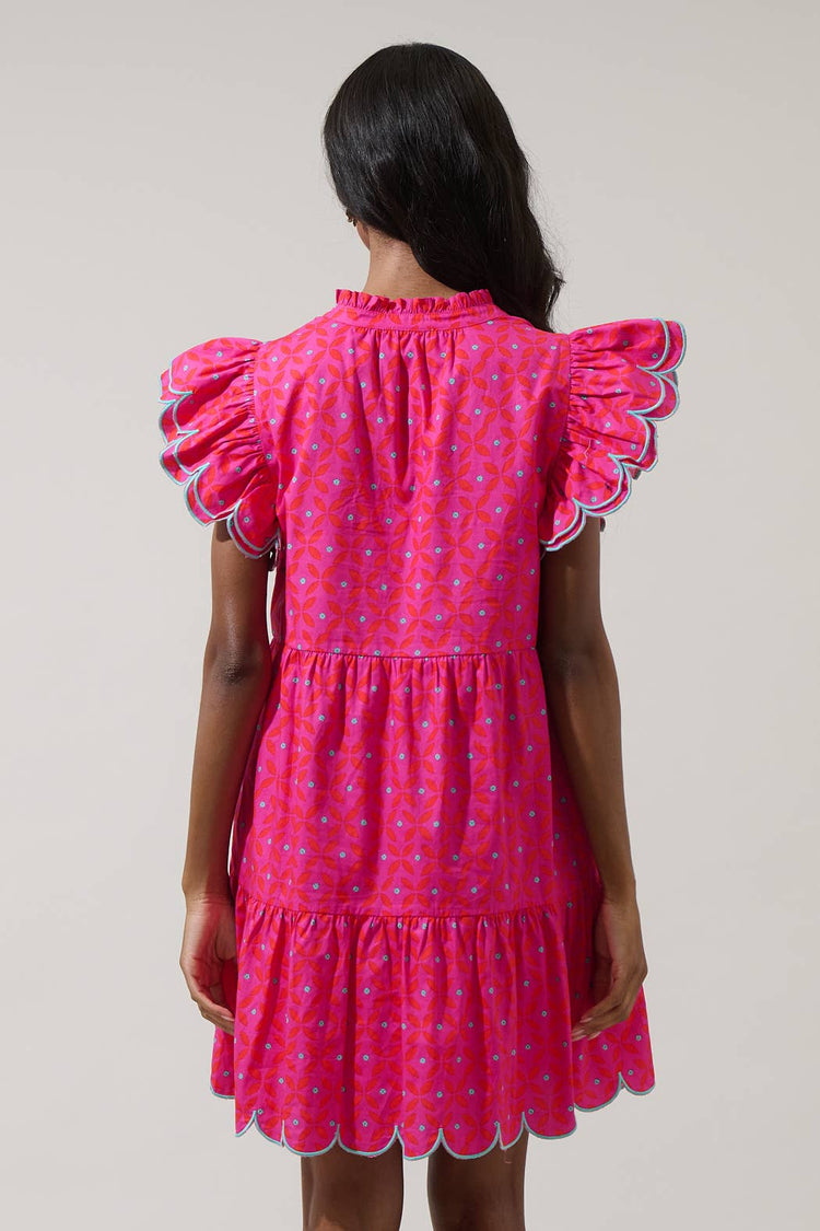 Vaila Floral Tess Shift Scallop Mini Dress: FUCH-RED-MUL