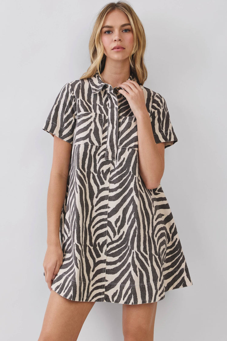Zebra Print Button Down Collared Mini Dress