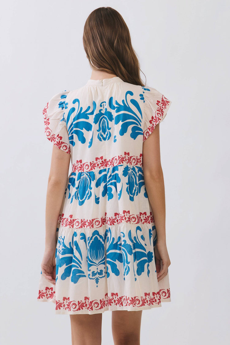 Contrast Floral Print Tiered Mini Dress