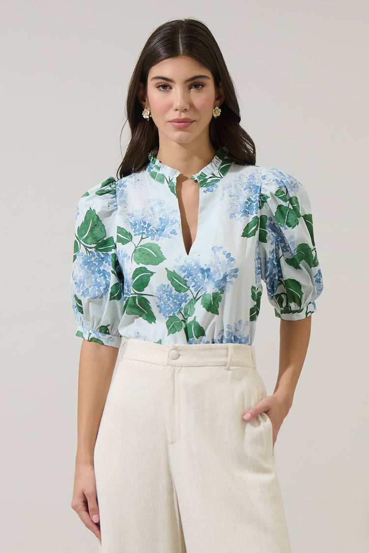 Mirla Floral Terri Puff Sleeve Top: BLUE-GREEN-MUL