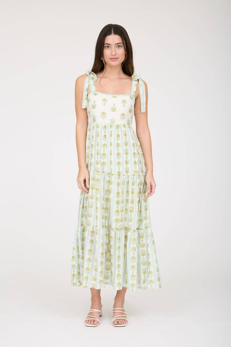 STRIPE FLORAL CONTRAST SLEEVELESS MIDI DRESS: SAGE MULTI