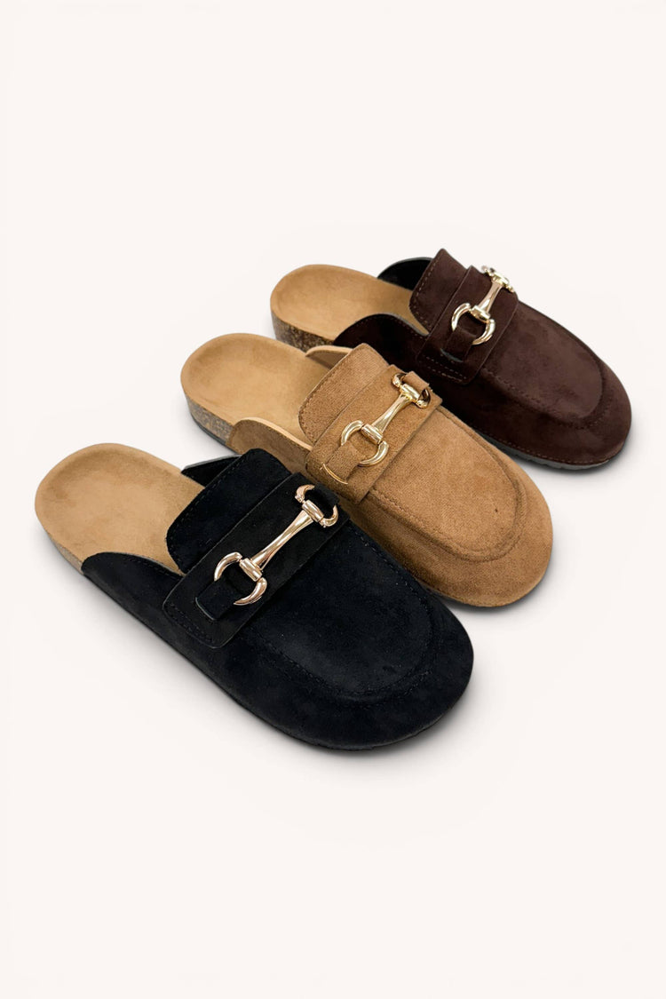 Suede Horsebit Moccasin Loafer Mule Slide Flats: DK CHOCOLATE