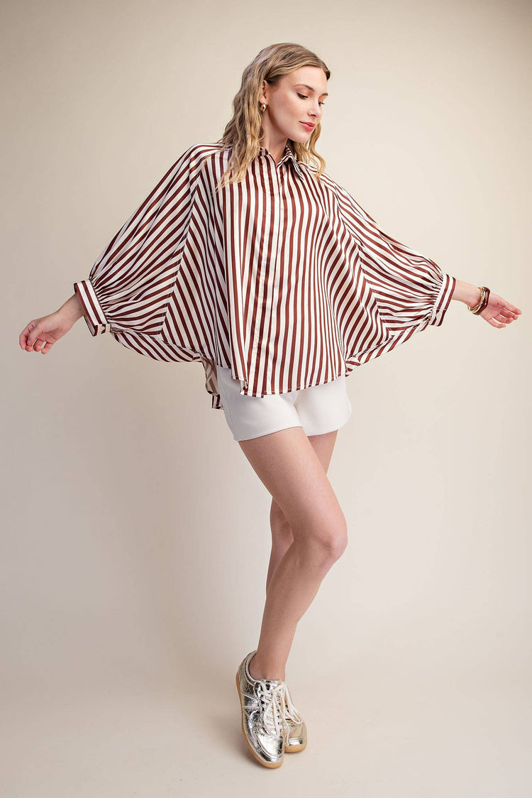 Stripe Wide Puff Sleeve Button down Shirt