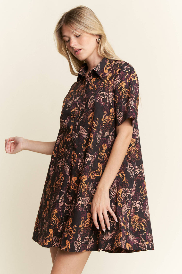 COLLARED TIGER PRINT MINI DRESS