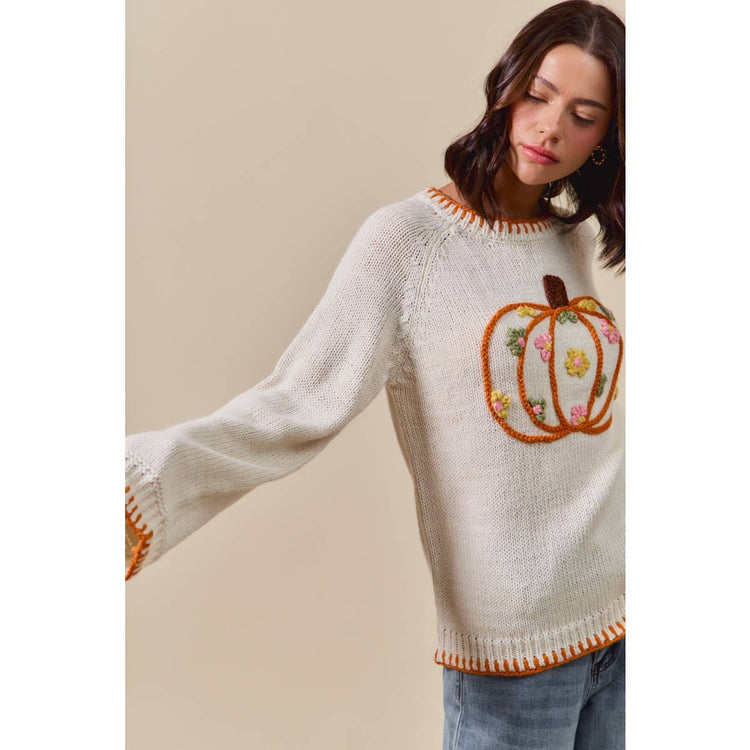 PUMPKIN FLORAL EMBROIDERED THANKSGIVING SWEATER