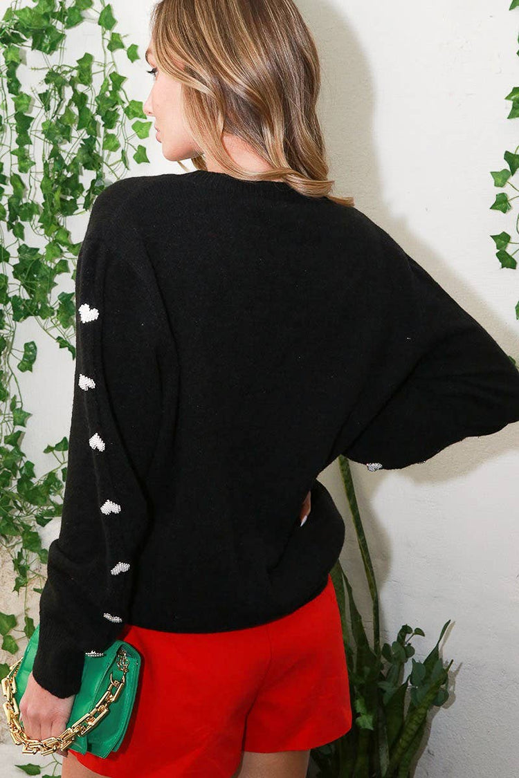 Heart Shaped Jeweled Button Detail Knitted Sweater
