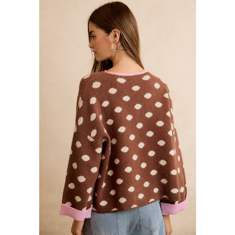 CONTRAST NECK AND ROLL UP DETAIL POLKA DOT SWEATER: MOCHA/BLUSH