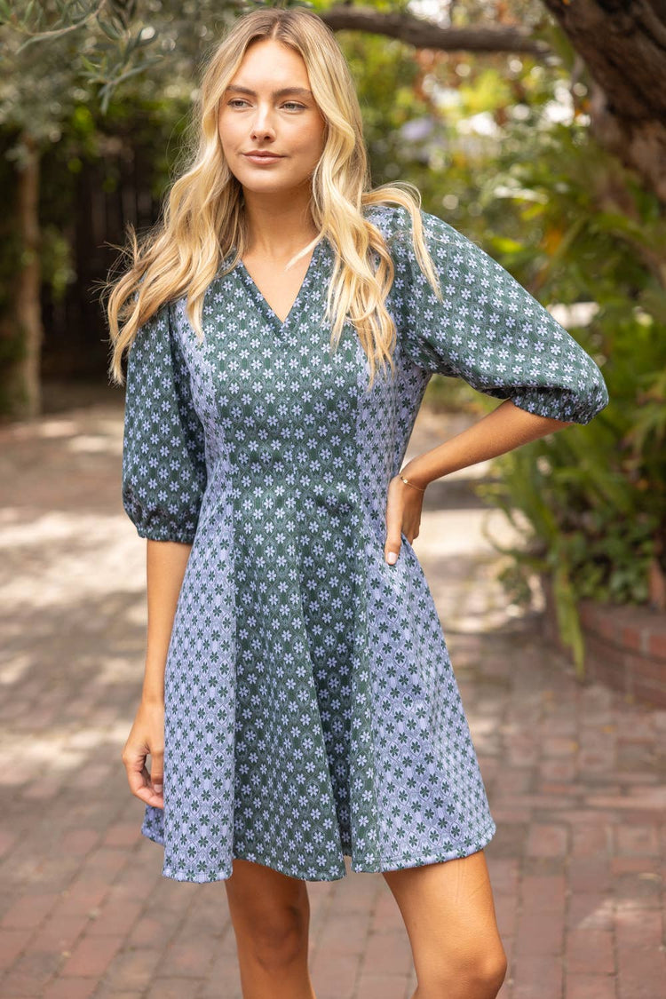 Color Contrast Floral Printed Knit Dress