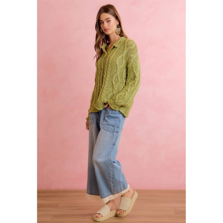 CROCHET LACE TRIM RELAXED STRAIGHT WIDE LEG DEMIN JEANS