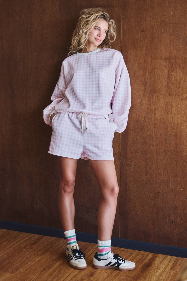 Gingham Fuzzy Knit Lounge Set: Pink
