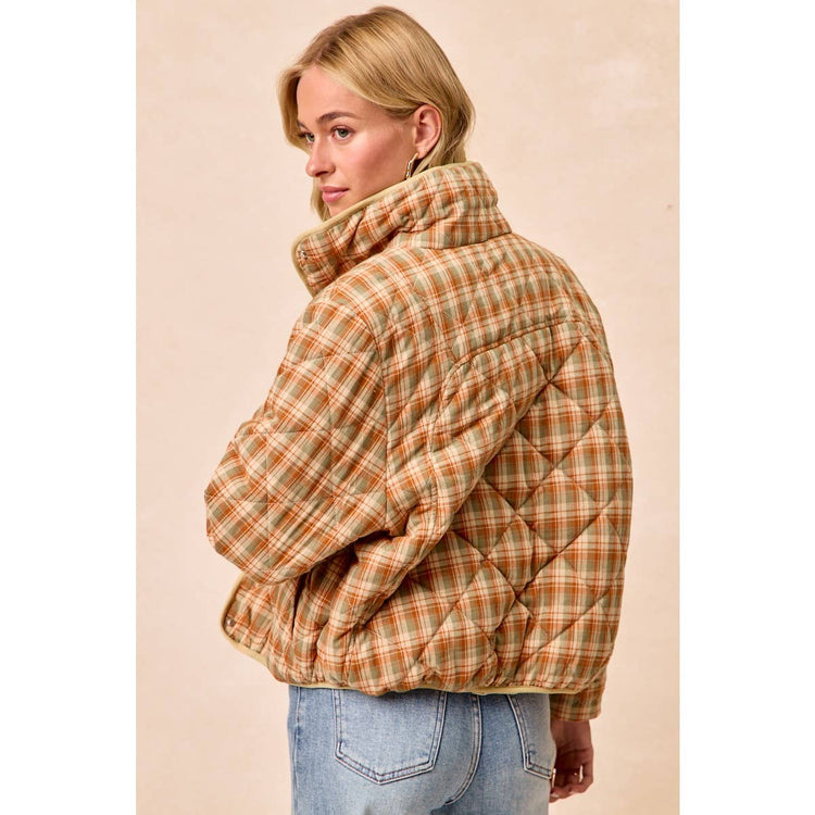 VINTAGE PLAID PIPING DETAIL QUILTED JACKET