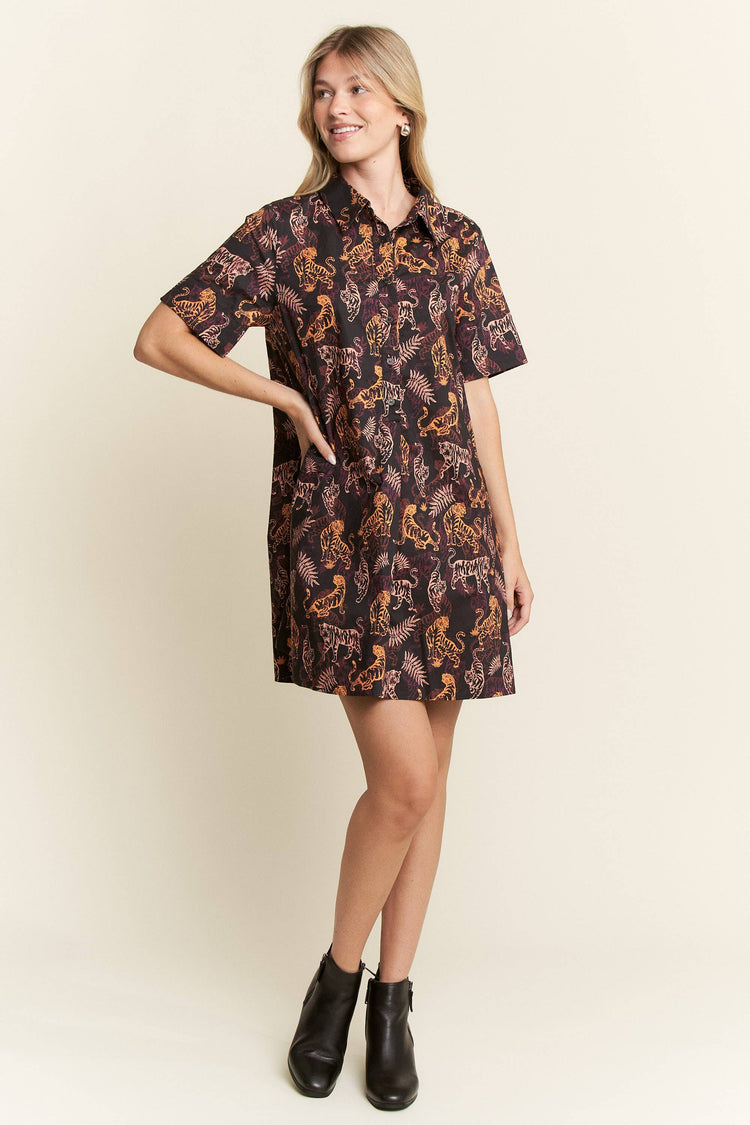 COLLARED TIGER PRINT MINI DRESS