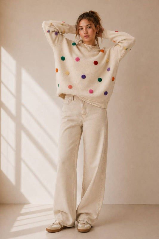 COLORFUL POM POM KNIT SWEATER