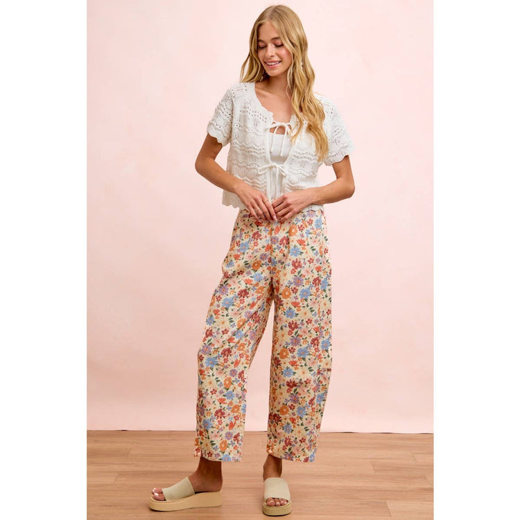 WASHED FLORAL PRINTED TWILL BARREL PANTS
