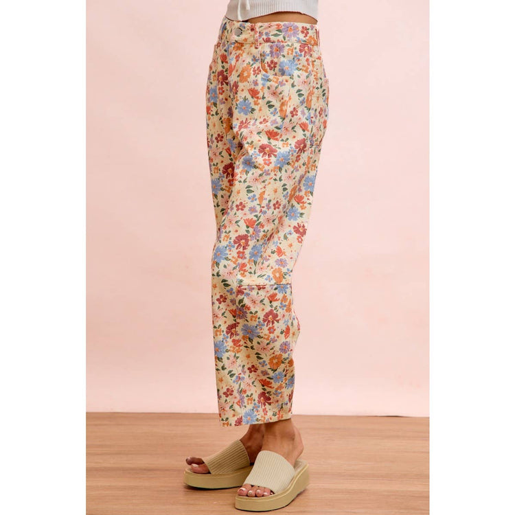 WASHED FLORAL PRINTED TWILL BARREL PANTS