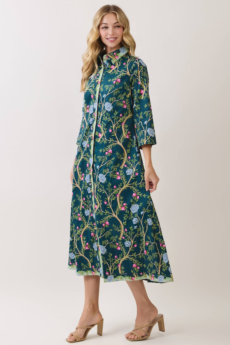 Botanical Print Button Front Midi Dress