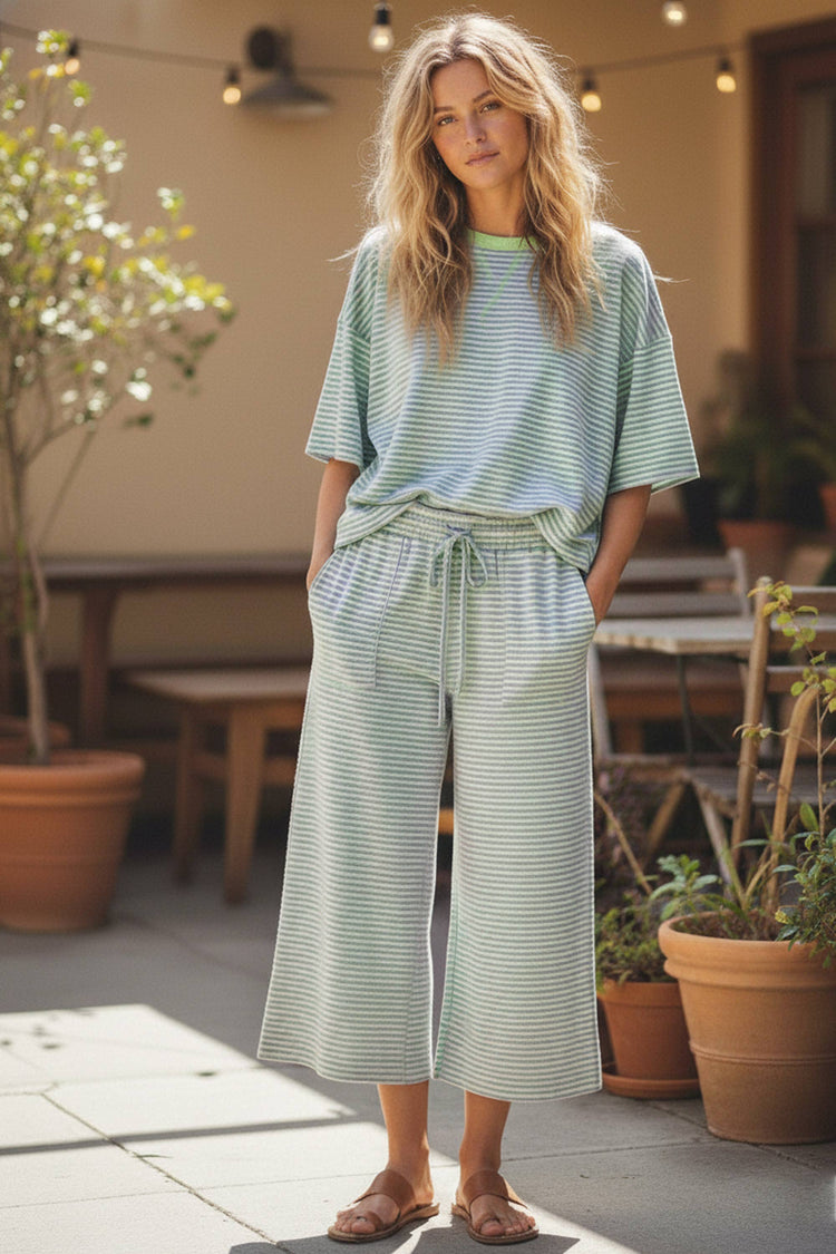 Striped Knit Top and Pants Set: Mint/Lilac