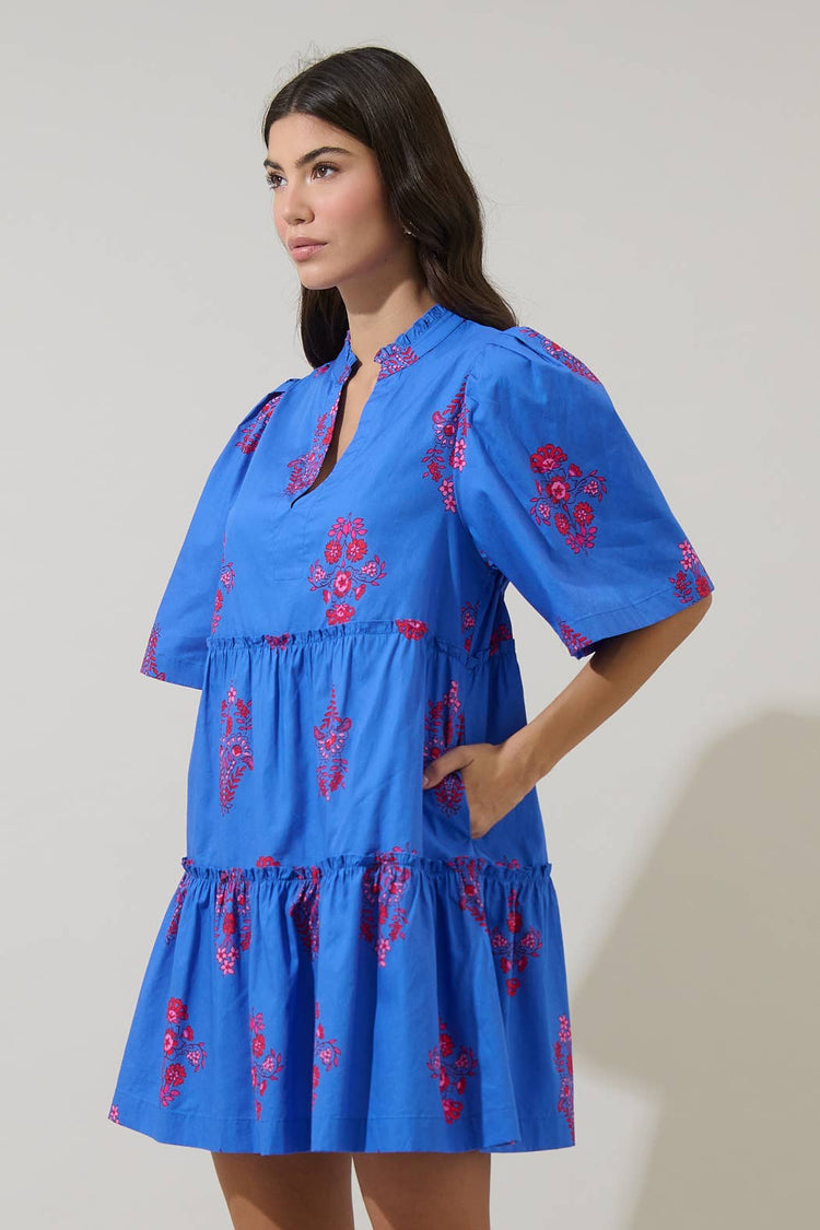 Shayna Floral Dixie Split Neck Shift Dress: BLUE-PINKs