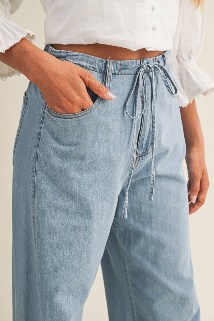 RELAXED DENIM PANTS WITH DRAWSTRING WAIST: WASHED DENIM