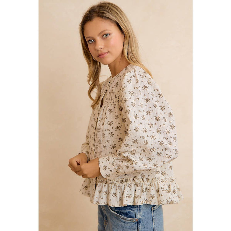 VINTAGE FLORAL SMOCKED BUTTON DOWN PEPLUM BLOUSE: OATMEAL