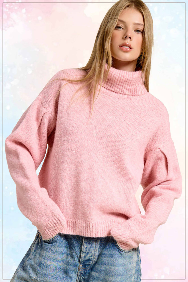 Loose Fit Turtleneck Pin-tuck Long Sleeve Sweater: Strawberry Milk