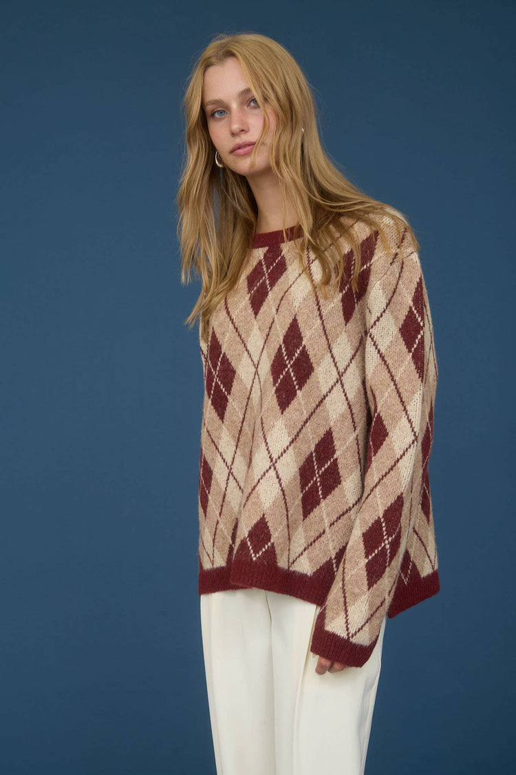 ARGYLE PATTERN CREW NECK LONG SLEEVE KNIT SWEATER