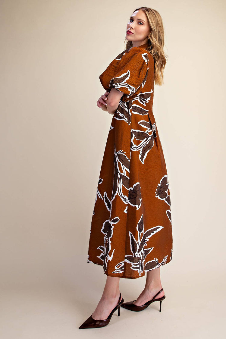 Print Puff Sleeve Midi Dress