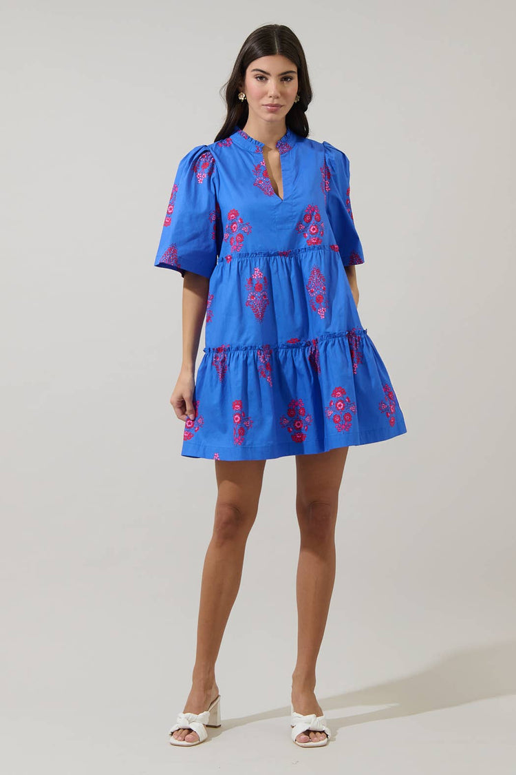 Shayna Floral Dixie Split Neck Shift Dress: BLUE-PINKs