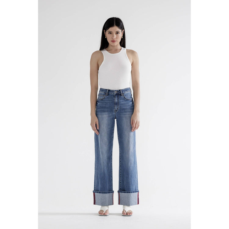 LIVVY HIGH RISE WIDE LEG WITH CUFF HEM: PORTO BLUE