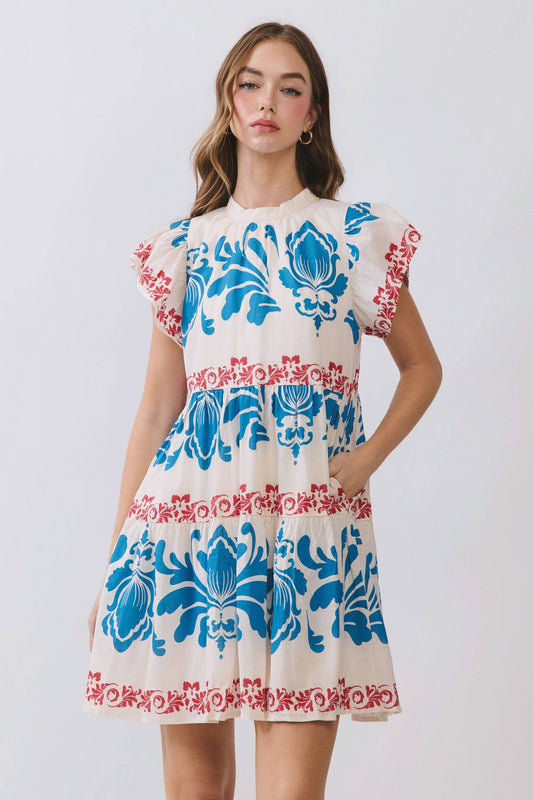 Contrast Floral Print Tiered Mini Dress