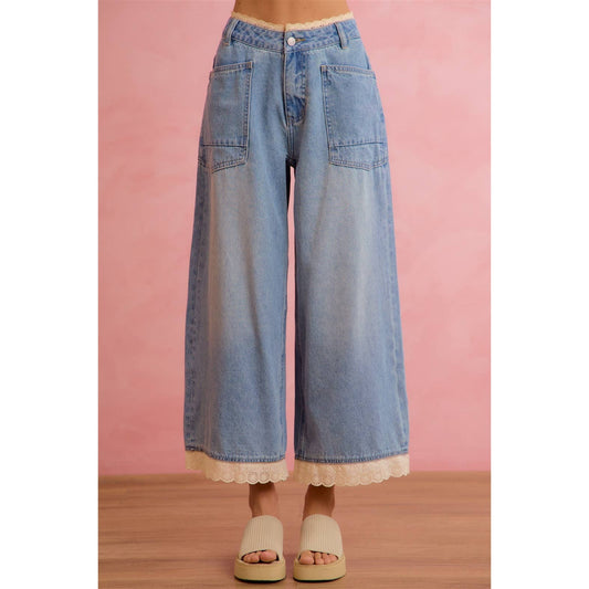 CROCHET LACE TRIM RELAXED STRAIGHT WIDE LEG DEMIN JEANS
