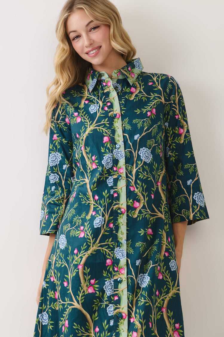 Botanical Print Button Front Midi Dress