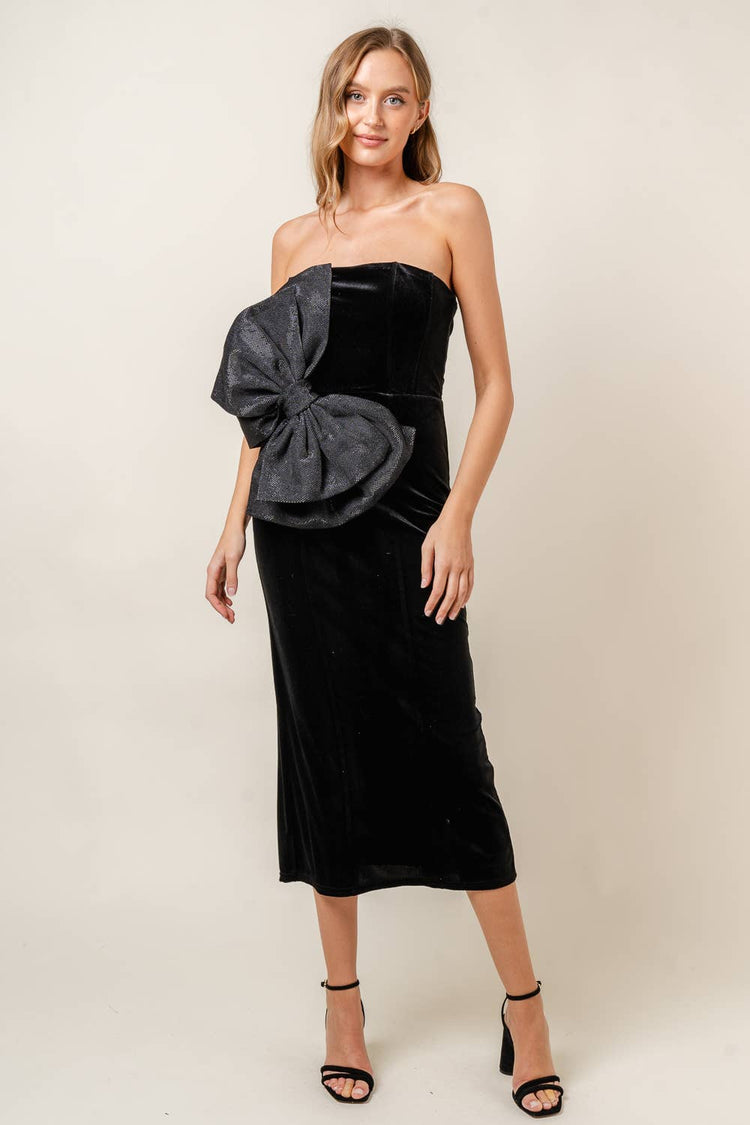 PARTY DRAMATIC BOW VELVET LACEUP TUBE MIDI DRESS